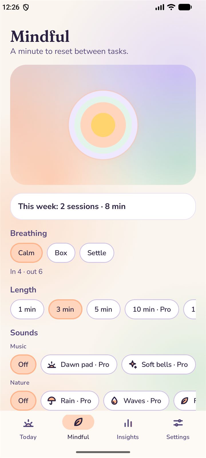 Mindful: a breathing orb with Calm, Box and Settle patterns
